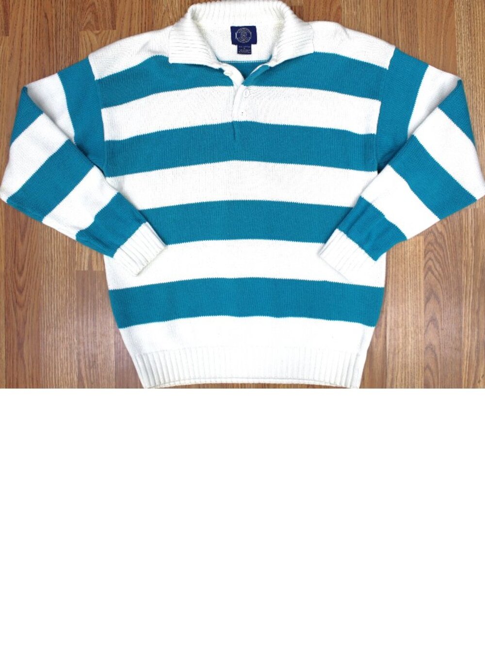 VTG GAP STRIPED POLO SWEATER 100% COTTON WHITE& TURQUOISE MEDIUM, M